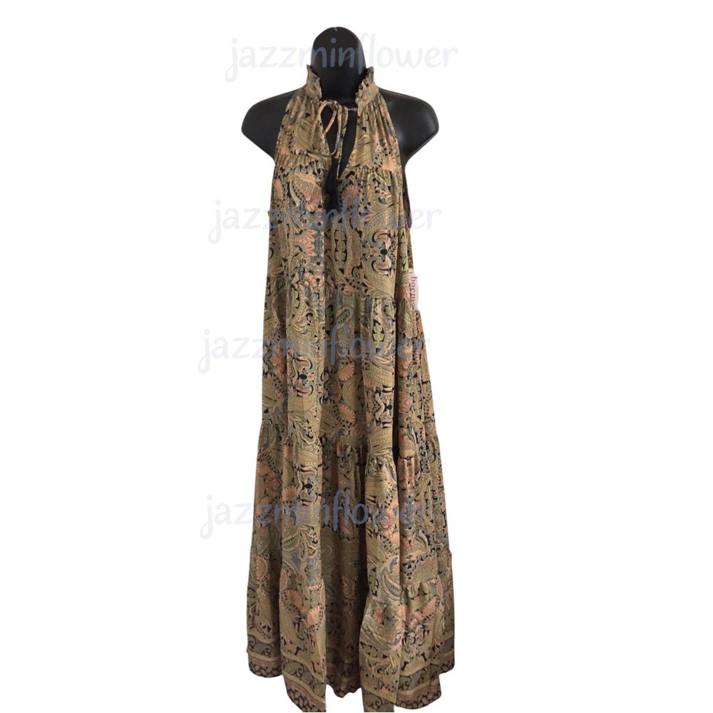 Anthropologie boemo paisley style ruffle neck tassel boho maxi dress size Large